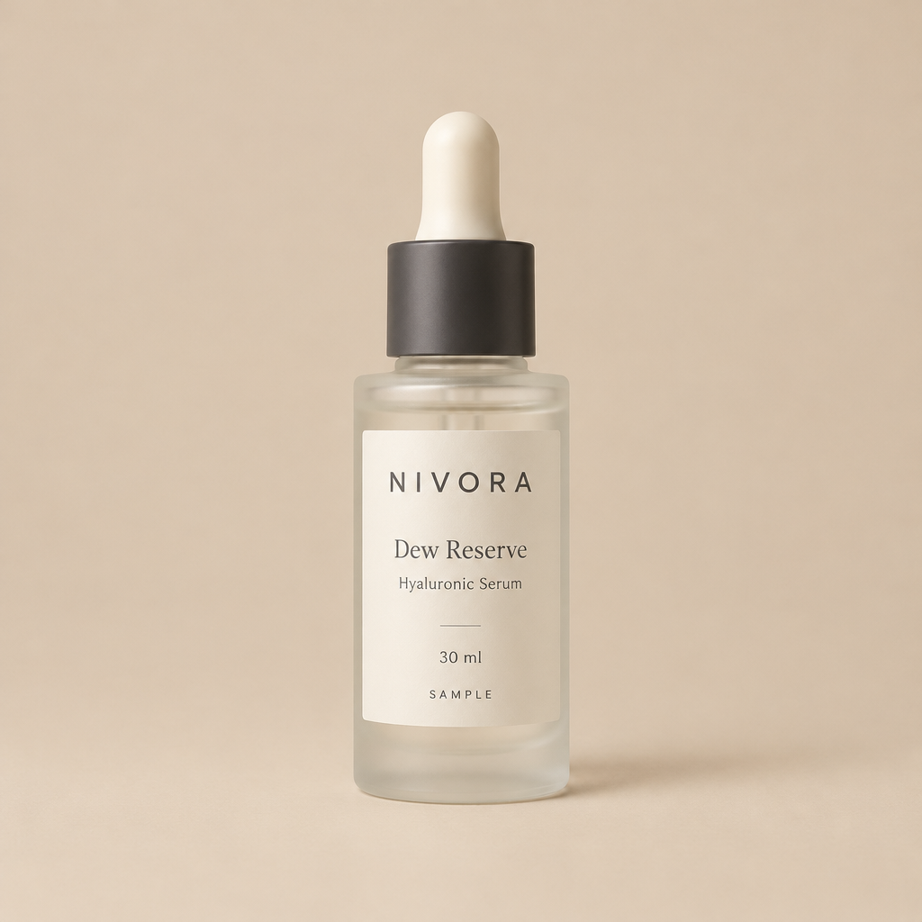 Fictional NIVORA Dew Reserve Hyaluronic Serum 30 ml frosted dropper bottle sample mockup.
