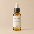 Fictional NIVORA Golden Veil Facial Oil 30 ml amber dropper bottle sample packaging mockup.