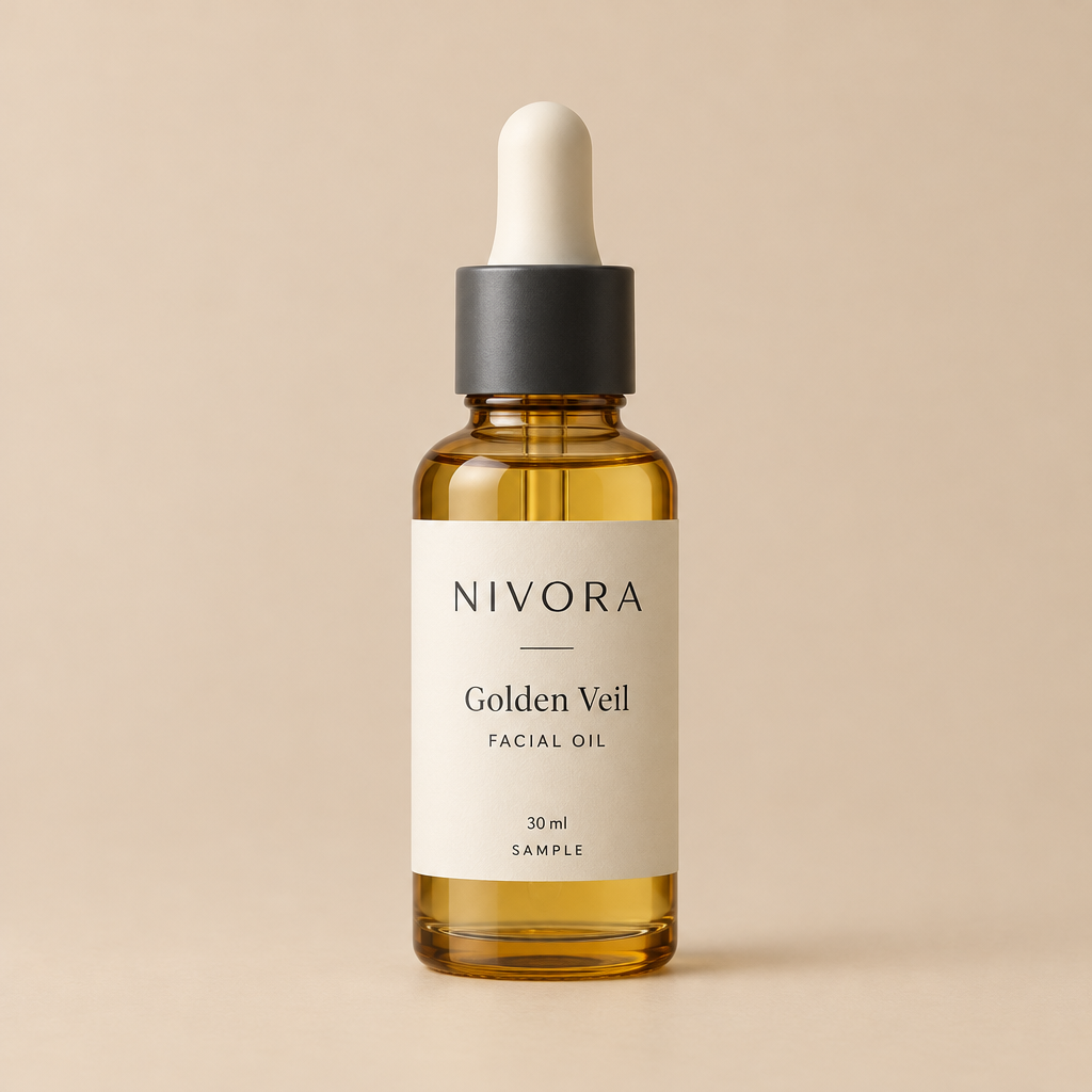 Fictional NIVORA Golden Veil Facial Oil 30 ml amber dropper bottle sample packaging mockup.