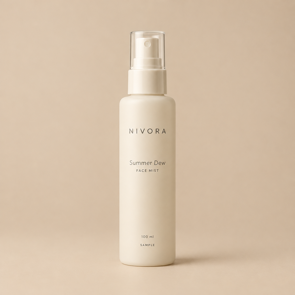 Fictional NIVORA Summer Dew Face Mist 100 ml sample bottle packaging mockup.