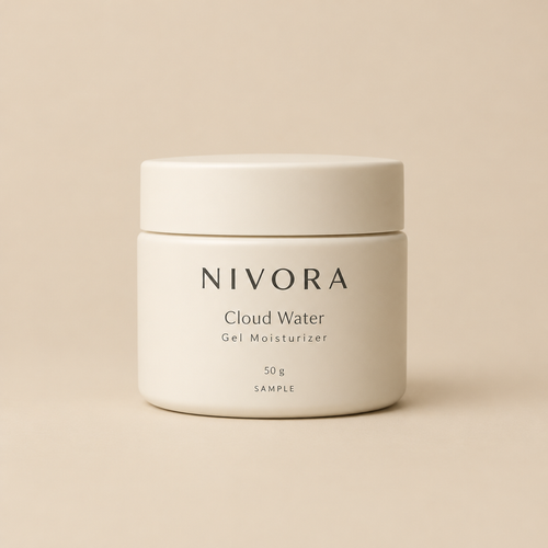 Fictional NIVORA Cloud Water Gel Moisturizer 50 g sample jar packaging mockup.
