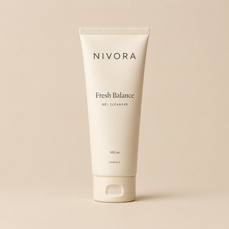Concept packaging for Nivora Fresh Balance Gel Cleanser, 100 ml sample.