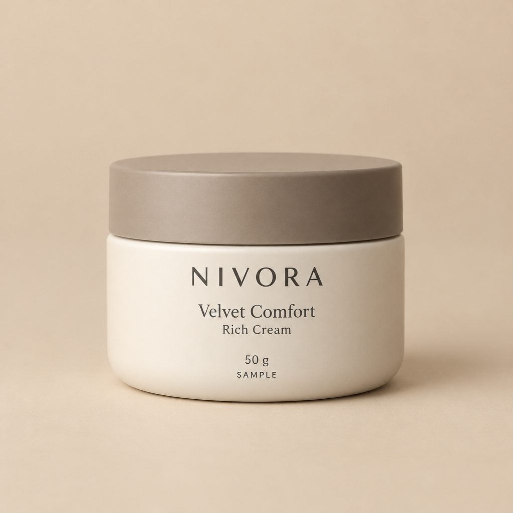 Fictional NIVORA Velvet Comfort Rich Cream 50 g sample jar packaging mockup.