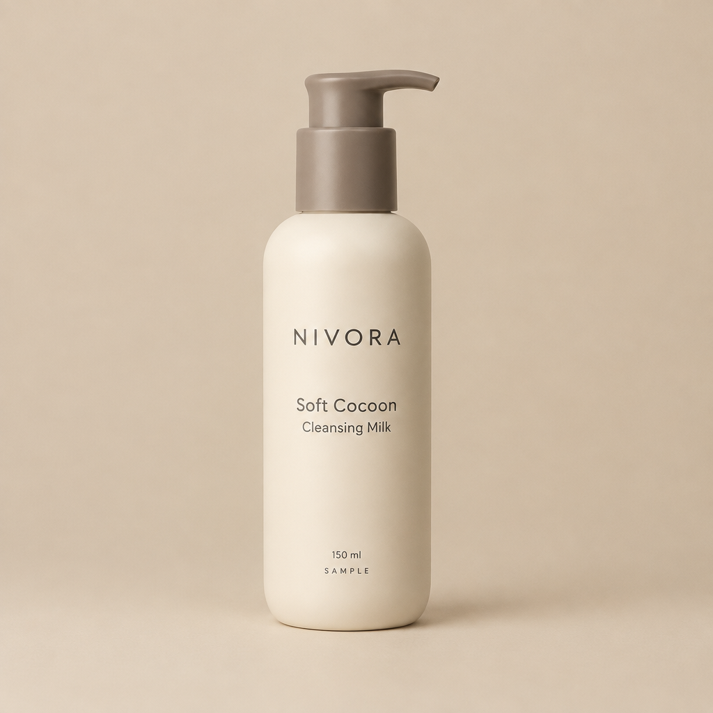 Fictional NIVORA Soft Cocoon Cleansing Milk 150 ml sample pump bottle packaging mockup.